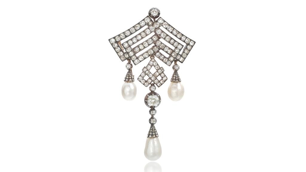 A brooch set with old-cushion-shaped diamonds accented by rose diamonds, suspending three detachable pendants, each set with a drop-shaped natural pearl diamond pearl brooch Archduchess Marie Therese of Austria-Teschen